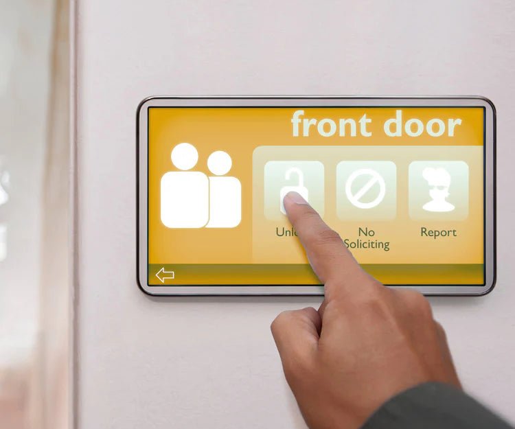 Hand pressing a front door alarm touchscreen